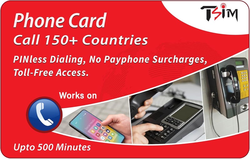 TSIM Phone Card – Call 150+ Countries from Any Phone or Payphone | PINless Dialing | No Payphone Surcharges | Toll-Free Access | Works on Landlines, Mobiles & Hotel Phones | Upto 500 Minutes - Image 1